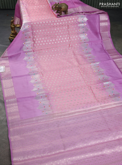 Banarasi poona silk saree peach pink and lavender with allover silver zari woven buttas and silver long zari woven border