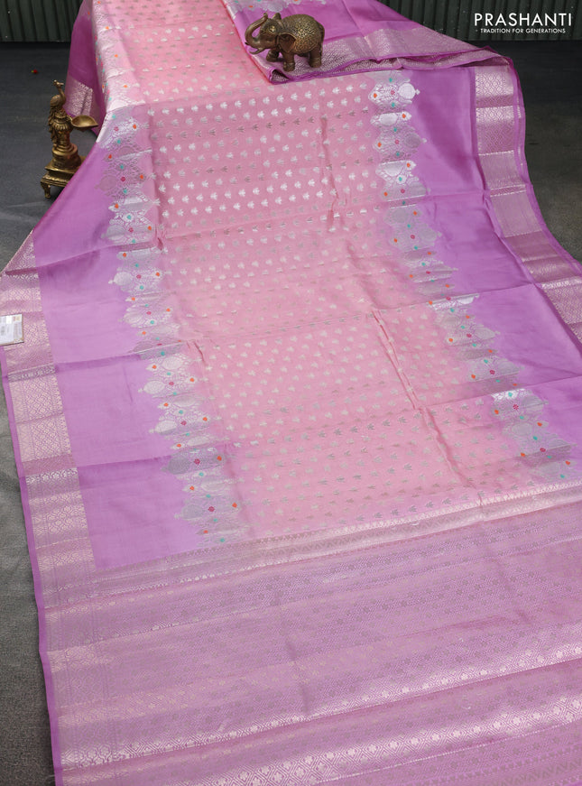 Banarasi poona silk saree peach pink and lavender with allover silver zari woven buttas and silver long zari woven border