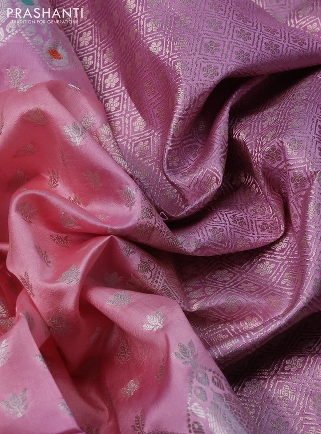 Banarasi poona silk saree peach pink and lavender with allover silver zari woven buttas and silver long zari woven border