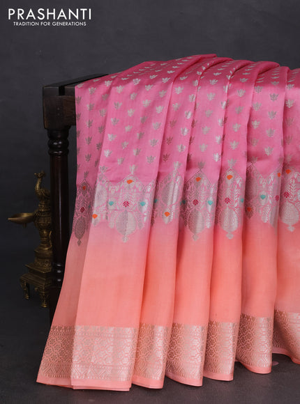 Banarasi poona silk saree peach pink and peach orange with allover silver zari woven buttas and silver long zari woven border