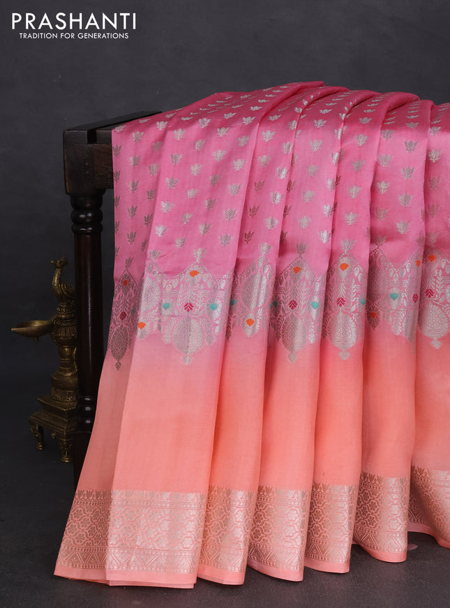 Banarasi poona silk saree peach pink and peach orange with allover silver zari woven buttas and silver long zari woven border