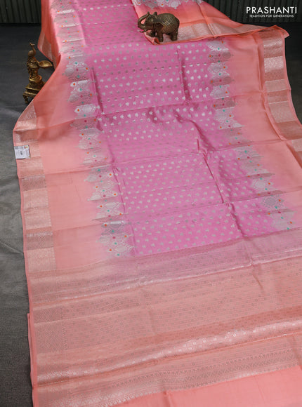 Banarasi poona silk saree peach pink and peach orange with allover silver zari woven buttas and silver long zari woven border
