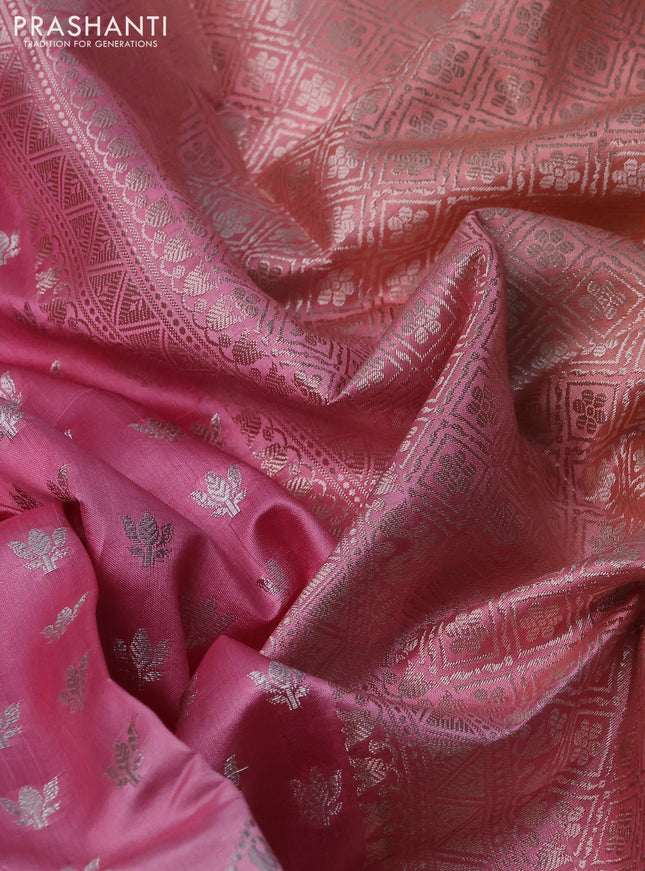Banarasi poona silk saree peach pink and peach orange with allover silver zari woven buttas and silver long zari woven border