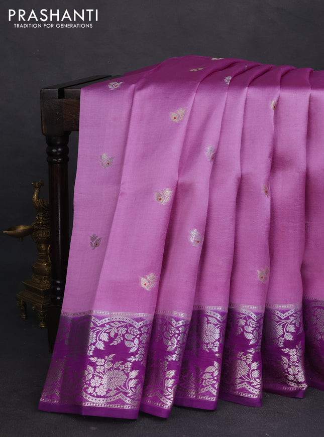 Banarasi poona silk saree lavender and violet zari woven floral buttas and silver zari woven border