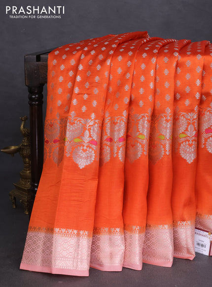 Banarasi poona silk saree orange with allover silver zari woven buttas and long rich zari woven border