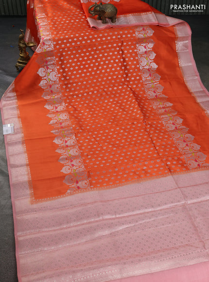 Banarasi poona silk saree orange with allover silver zari woven buttas and long rich zari woven border