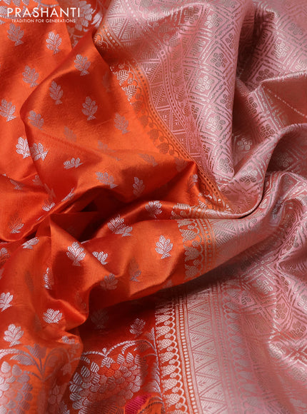 Banarasi poona silk saree orange with allover silver zari woven buttas and long rich zari woven border