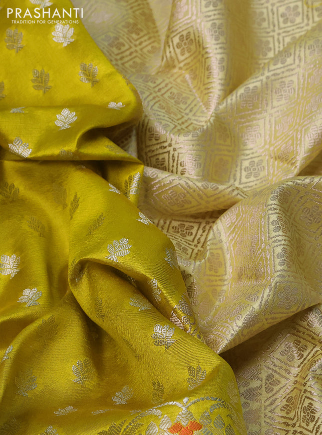 Banarasi poona silk saree lime yellow with allover silver zari woven buttas and long rich zari woven border