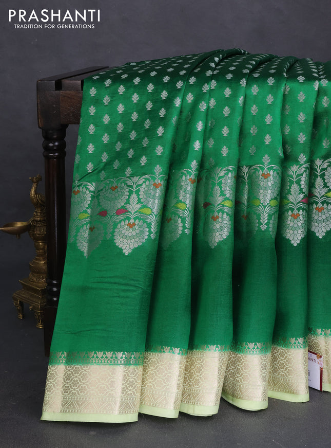 Banarasi poona silk saree green and pista green with allover silver zari woven buttas and long rich zari woven border