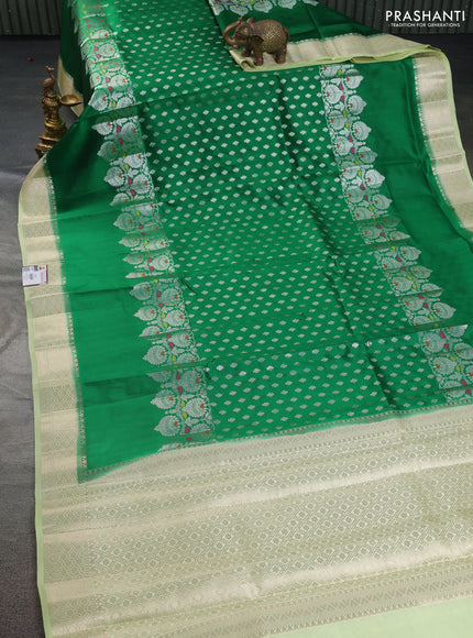 Banarasi poona silk saree green and pista green with allover silver zari woven buttas and long rich zari woven border