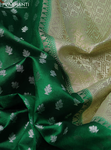 Banarasi poona silk saree green and pista green with allover silver zari woven buttas and long rich zari woven border
