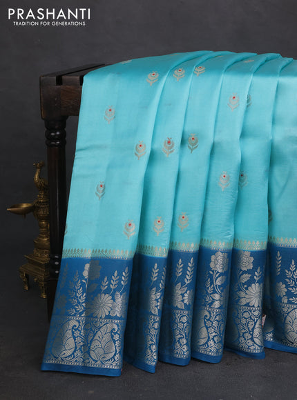 Banarasi poona silk saree light blue and cs blue with silver & gold zari woven buttas and rich zari woven border