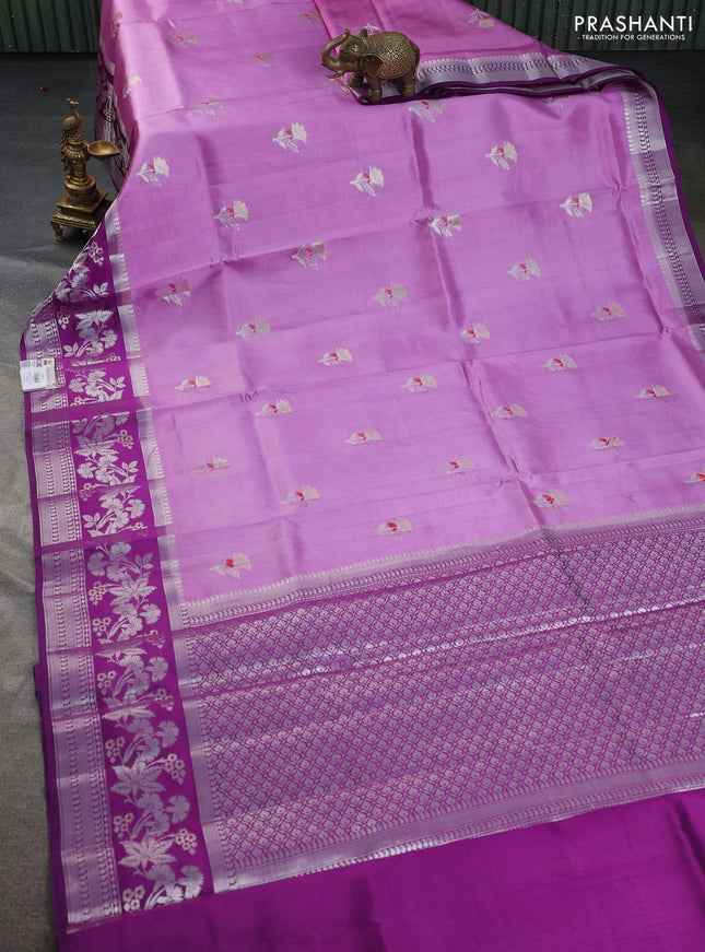 Banarasi poona silk saree lavender and deep purple with zari woven floral buttas and zari woven border
