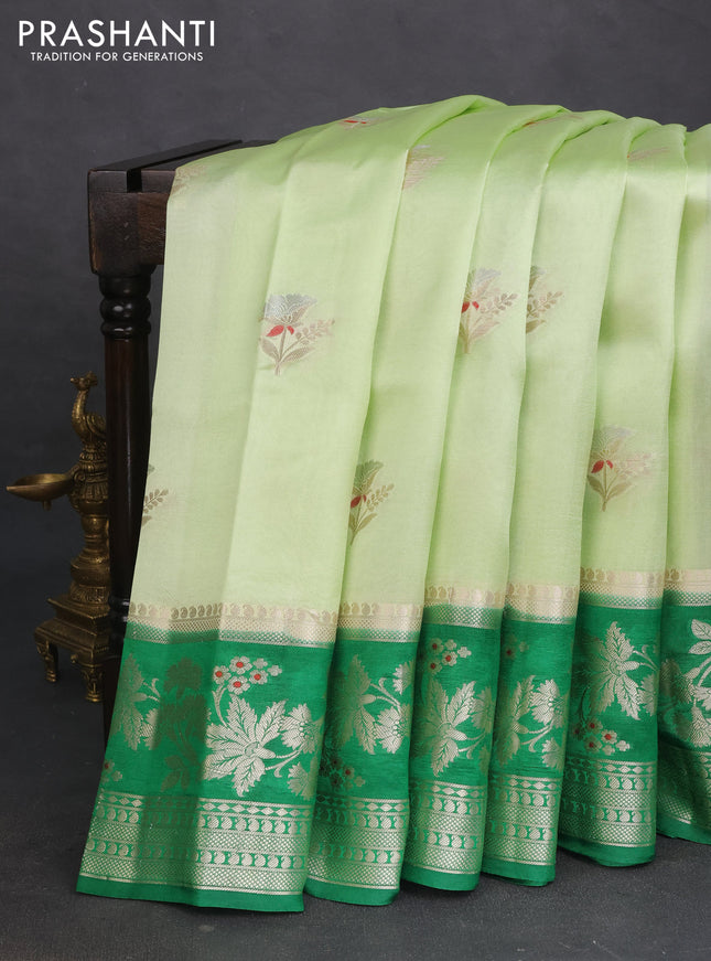 Banarasi poona silk saree pista green and green with zari woven floral buttas and zari woven border