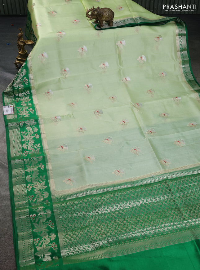 Banarasi poona silk saree pista green and green with zari woven floral buttas and zari woven border