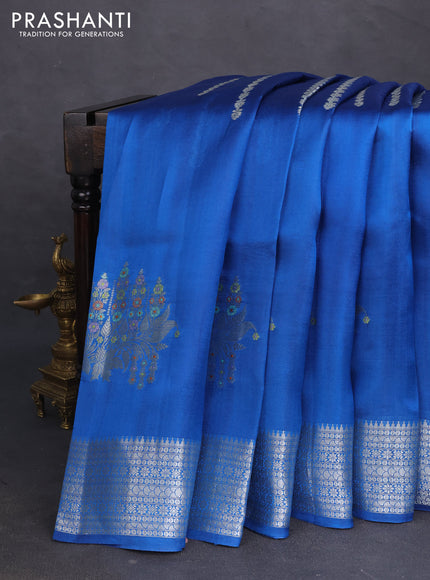 Banarasi poona silk saree cs blue with silver zari woven buttas and silver zari woven border