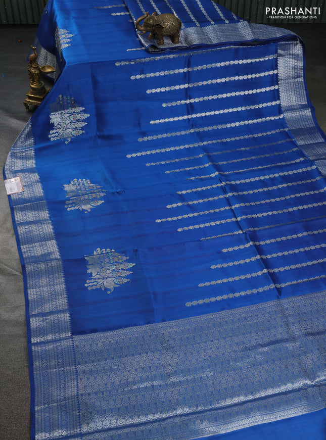 Banarasi poona silk saree cs blue with silver zari woven buttas and silver zari woven border
