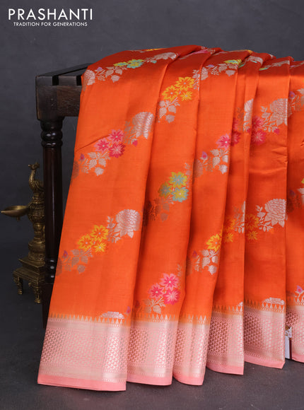 Banarasi poona silk saree orange and peach orange with allover thread & zari floral weaves and zari woven border