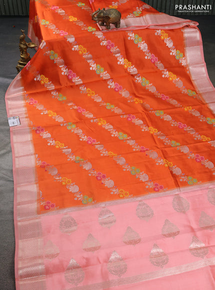 Banarasi poona silk saree orange and peach orange with allover thread & zari floral weaves and zari woven border