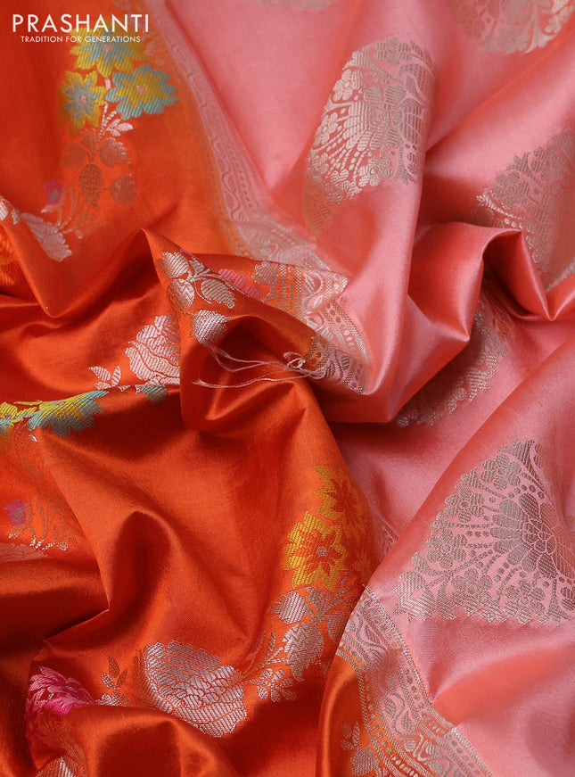 Banarasi poona silk saree orange and peach orange with allover thread & zari floral weaves and zari woven border