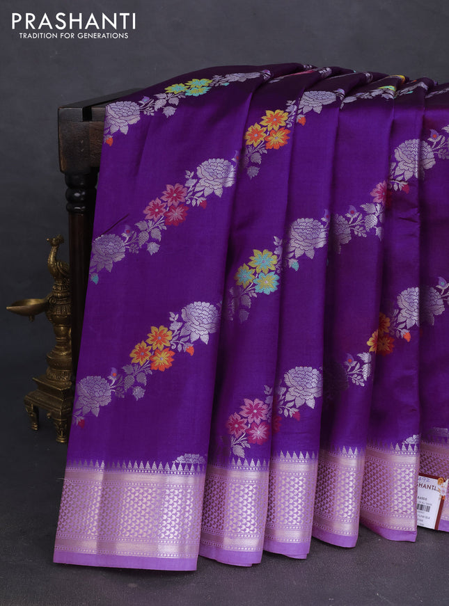Banarasi poona silk saree violet and lavender with allover thread & zari floral weaves and zari woven border