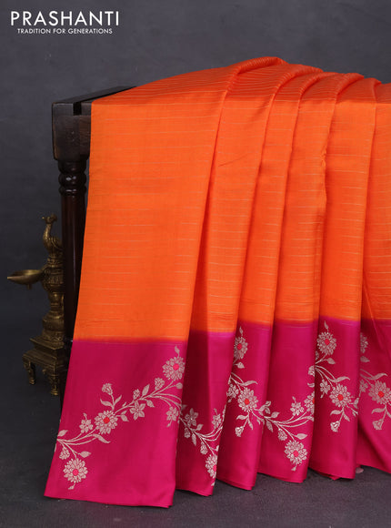 Banarasi poona silk saree orange and pink with allover zari woven stripes pattern and zari woven border