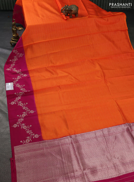 Banarasi poona silk saree orange and pink with allover zari woven stripes pattern and zari woven border