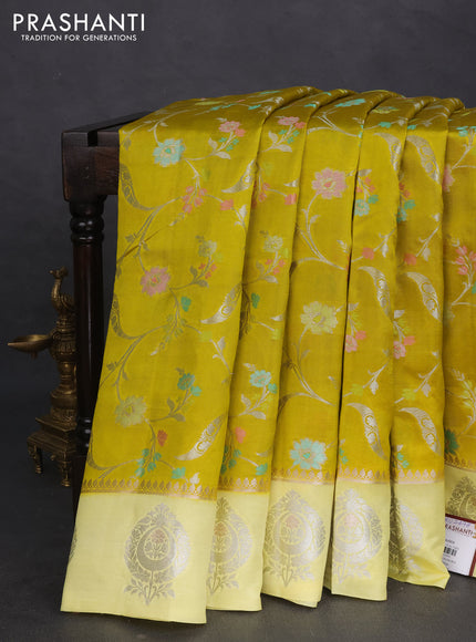 Banarasi poona silk saree lime yellow with allover thread & zari woven floral weaves and silver zari woven butta border