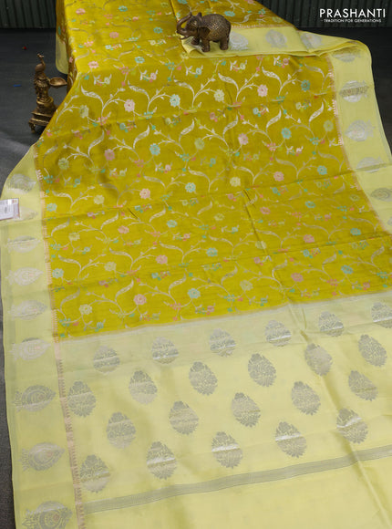 Banarasi poona silk saree lime yellow with allover thread & zari woven floral weaves and silver zari woven butta border