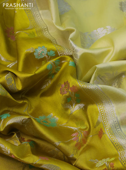 Banarasi poona silk saree lime yellow with allover thread & zari woven floral weaves and silver zari woven butta border