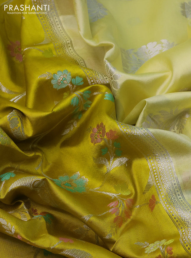 Banarasi poona silk saree lime yellow with allover thread & zari woven floral weaves and silver zari woven butta border