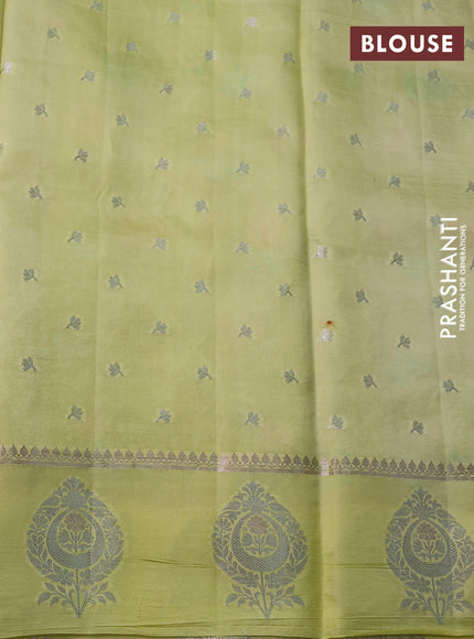 Banarasi poona silk saree lime yellow with allover thread & zari woven floral weaves and silver zari woven butta border