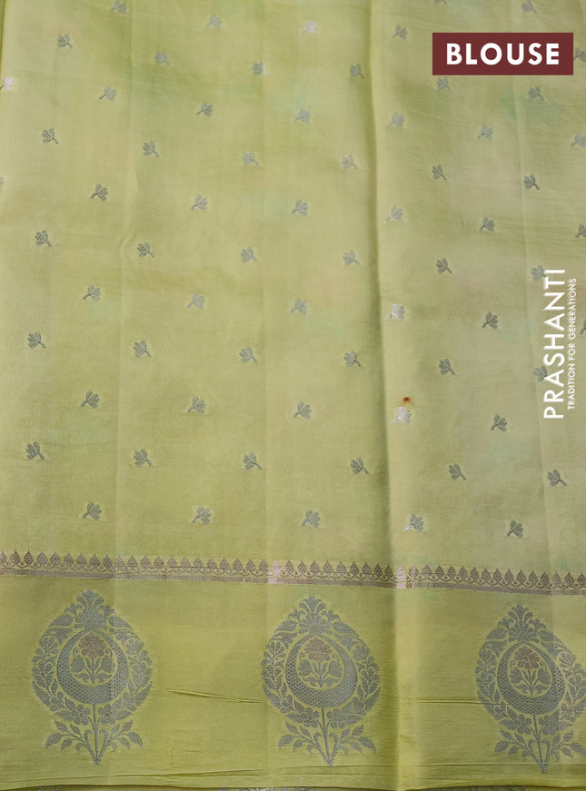 Banarasi poona silk saree lime yellow with allover thread & zari woven floral weaves and silver zari woven butta border