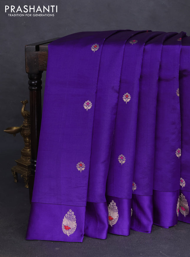 Banarasi poona silk saree violet with zari woven floral buttas and zari woven butta border