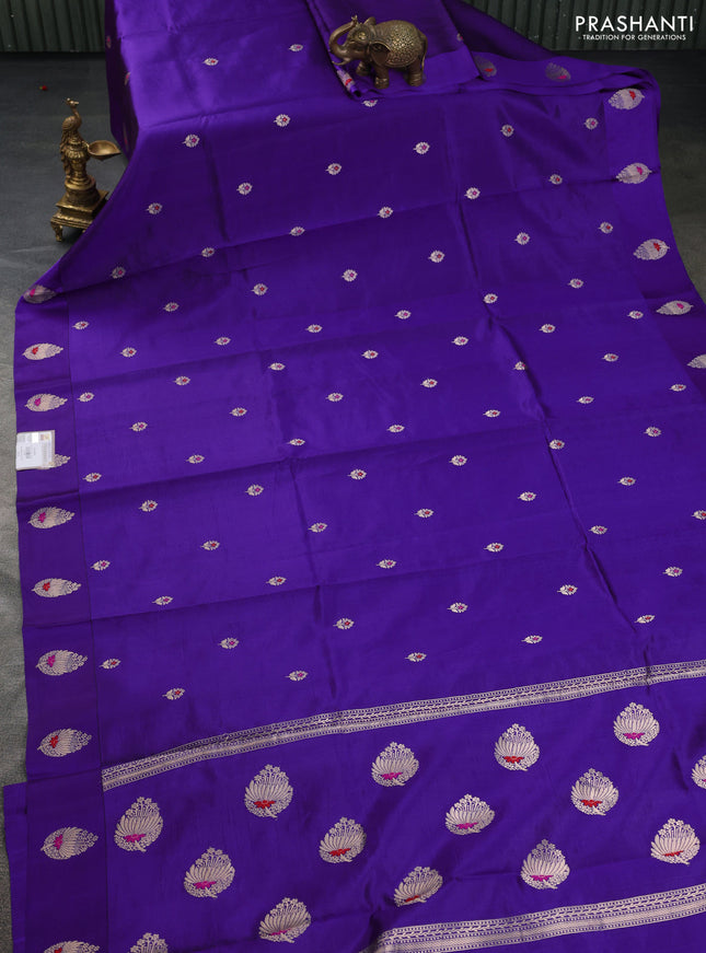 Banarasi poona silk saree violet with zari woven floral buttas and zari woven butta border