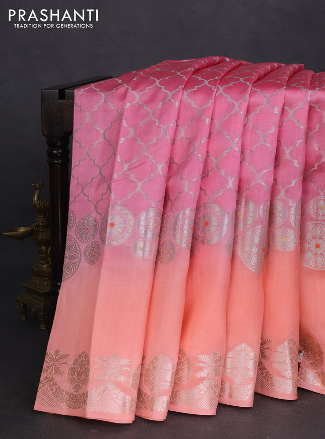 Banarasi poona silk saree pink and peach orange with allover zari woven geometric weaves and long zari woven border