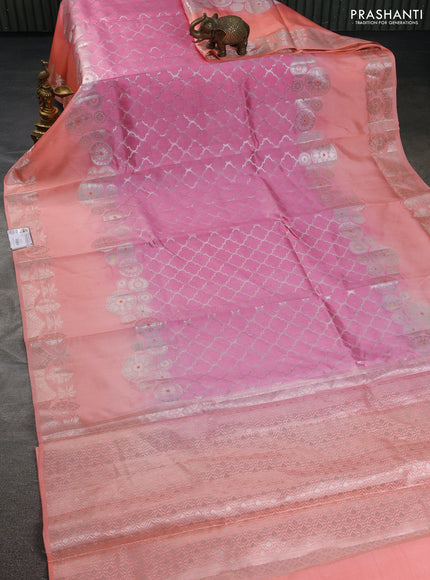 Banarasi poona silk saree pink and peach orange with allover zari woven geometric weaves and long zari woven border