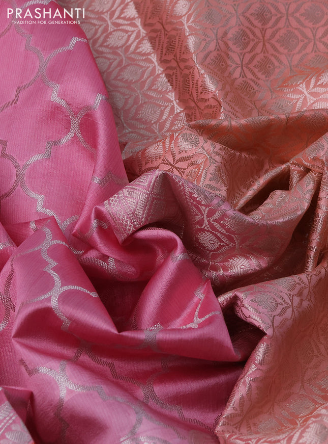 Banarasi poona silk saree pink and peach orange with allover zari woven geometric weaves and long zari woven border