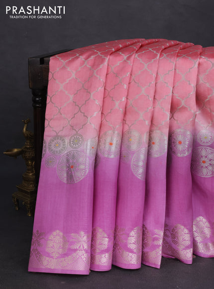 Banarasi poona silk saree peach pink and lavender with allover zari woven geometric weaves and long zari woven border