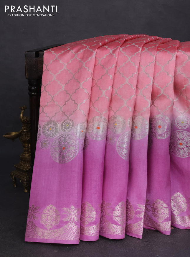 Banarasi poona silk saree peach pink and lavender with allover zari woven geometric weaves and long zari woven border