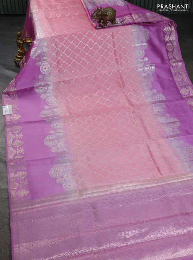 Banarasi poona silk saree peach pink and lavender with allover zari woven geometric weaves and long zari woven border