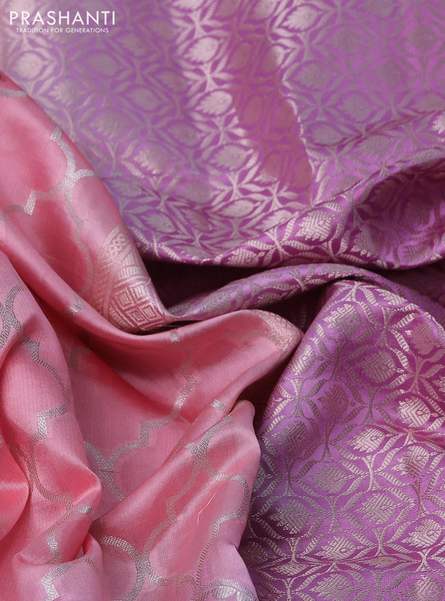 Banarasi poona silk saree peach pink and lavender with allover zari woven geometric weaves and long zari woven border