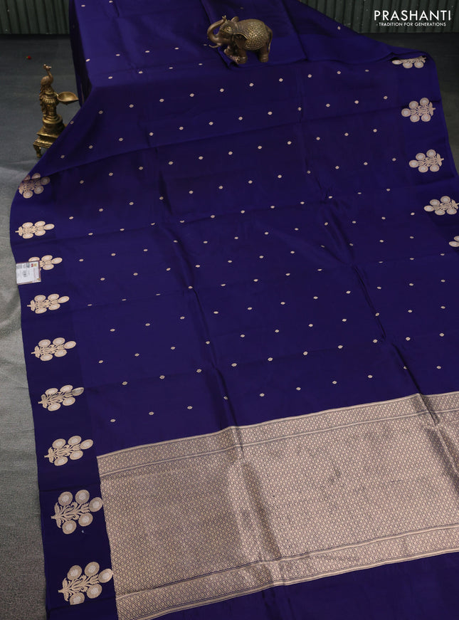 Banarasi poona silk saree dark blue with zari woven buttas and zari woven butta border