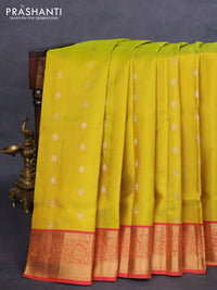 Pure soft silk saree lime yellow and dual shade of reddish pink with zari woven buttas and zari woven border