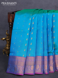 Pure soft silk saree dual shade of teal blue and pink with zari woven buttas and zari woven border