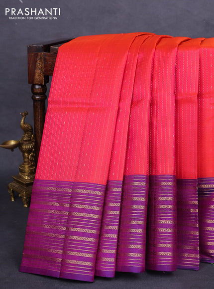 Pure soft silk saree dual shade of pinkish orange and purple with allover zari weaves and zari woven border