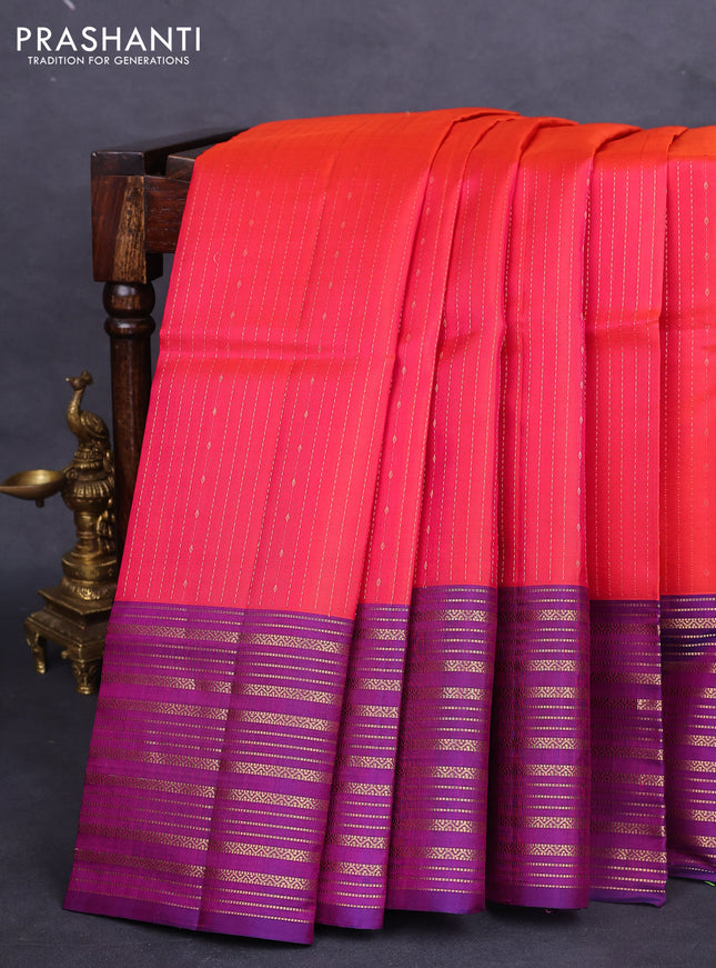 Pure soft silk saree dual shade of pinkish orange and purple with allover zari weaves and zari woven border