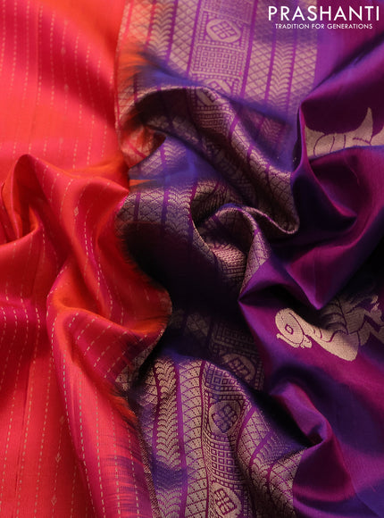 Pure soft silk saree dual shade of pinkish orange and purple with allover zari weaves and zari woven border