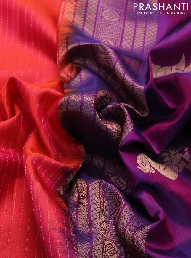 Pure soft silk saree dual shade of pinkish orange and purple with allover zari weaves and zari woven border