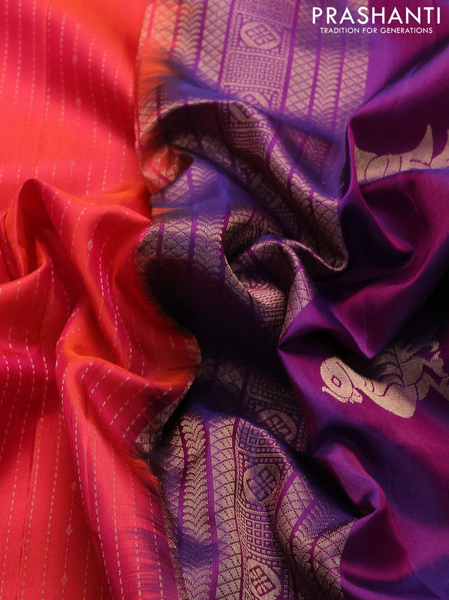 Pure soft silk saree dual shade of pinkish orange and purple with allover zari weaves and zari woven border